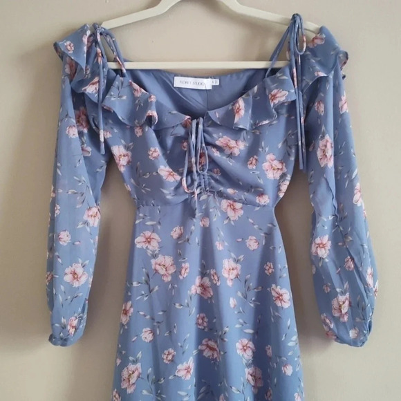 Floret Studio Floral Ruffle Mini Dress XS Blue Long Sleeve Cottagecore - Picture 4 of 10